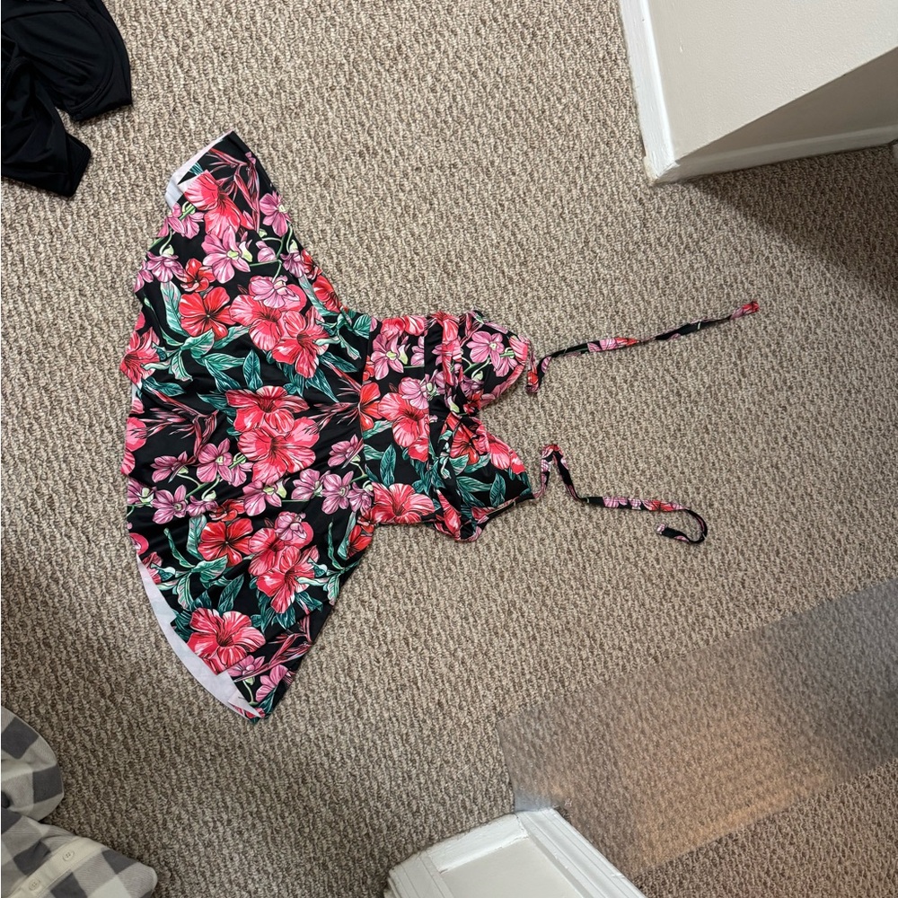 Floral One-Piece Swim dress bathing suit - Pink and Black